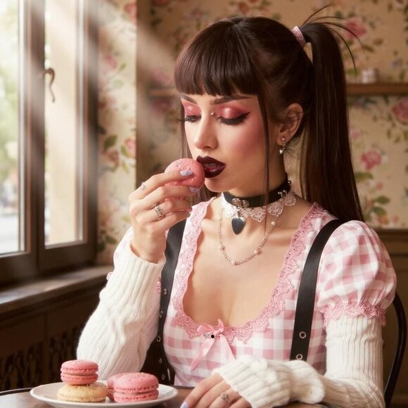 Dollskill Onyx Polished Hearts Lace Choker – Vegan Leather & Pearl Chain OS - Picture 5 of 6